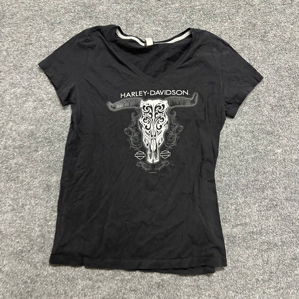 Harley-Davidson T-Shirt Womens Size S Black Cotton V-Neck Steer Skull Tee